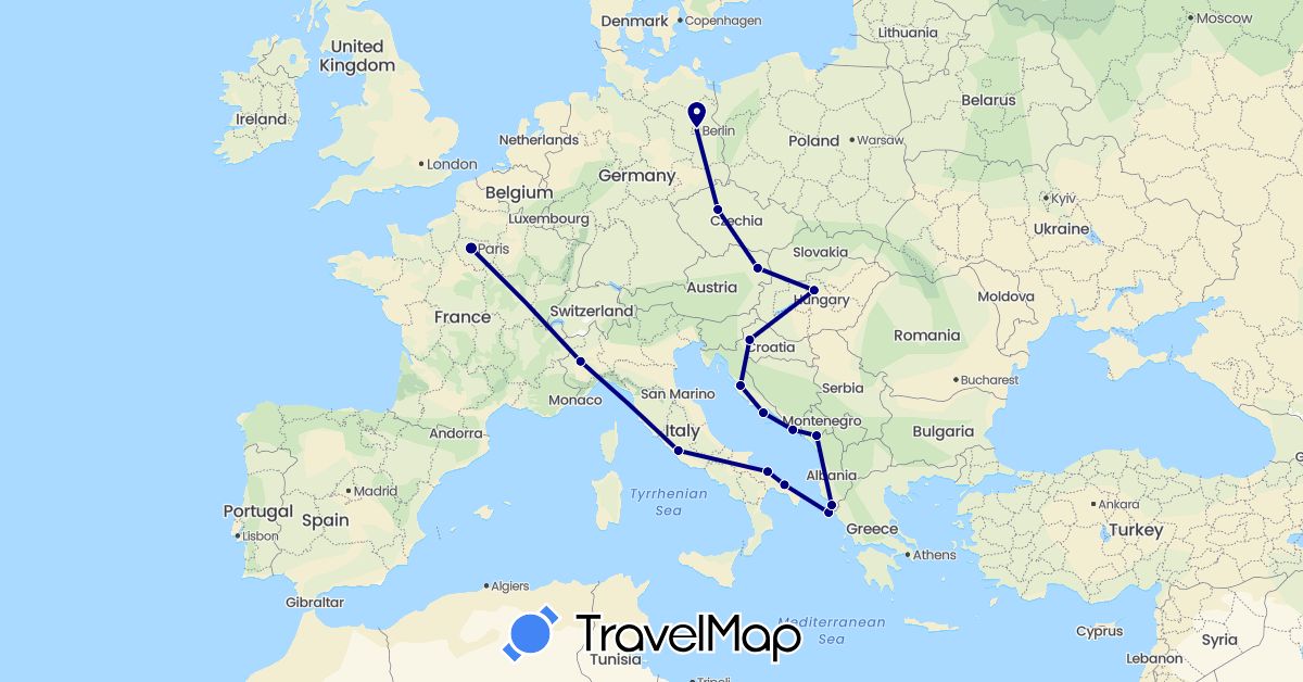 TravelMap itinerary: driving in Albania, Austria, Czech Republic, Germany, France, Greece, Croatia, Hungary, Italy, Montenegro (Europe)
